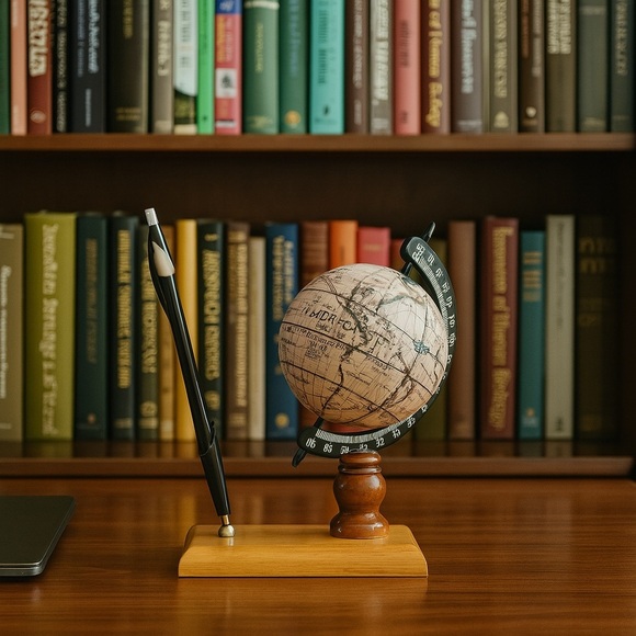 Vintage MCM Old World Globe Desktop Pen Holder Stand w/ Pen Holder - Picture 2 of 8